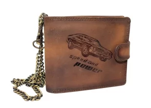 Portfel Męski Skóra Naturalna N992L Duży Poziomy Z Zapinką Dwa Skrzydełka I Łańcuszek BRĄZOWY RFID 12 x 9,5 x 3 [cm] ''AUTO'' - Portfele - miniaturka - grafika 1