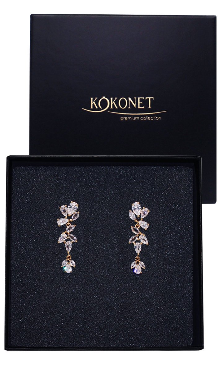 Kolczyki złote delikatne listki z cyrkoniami ślubne PREZENT pozłacane boho