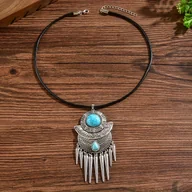 Naszyjniki - TEMU 1 Naszyjnik damski w stylu bohemskim z totemem na jesień/zimę, stop inkrustowany imitacją turkusu, wielowarstwowy design z frędzlami w kolcu, - miniaturka - grafika 1