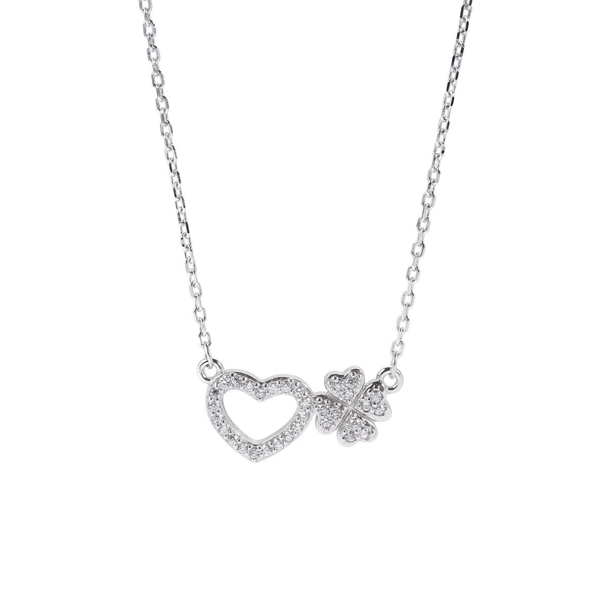 Srebrny Naszyjnik 925 Koniczynka Serce białe cyrkonie