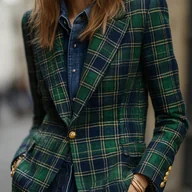 Marynarki i żakiety damskie - TEMU Elegancka damska bluzer w zieloną kratę na Boże Narodzenie - Klasyczna brytyjska kurtka z długim rękawem zapinana na guziki ze złotymi guzikami, - miniaturka - grafika 1