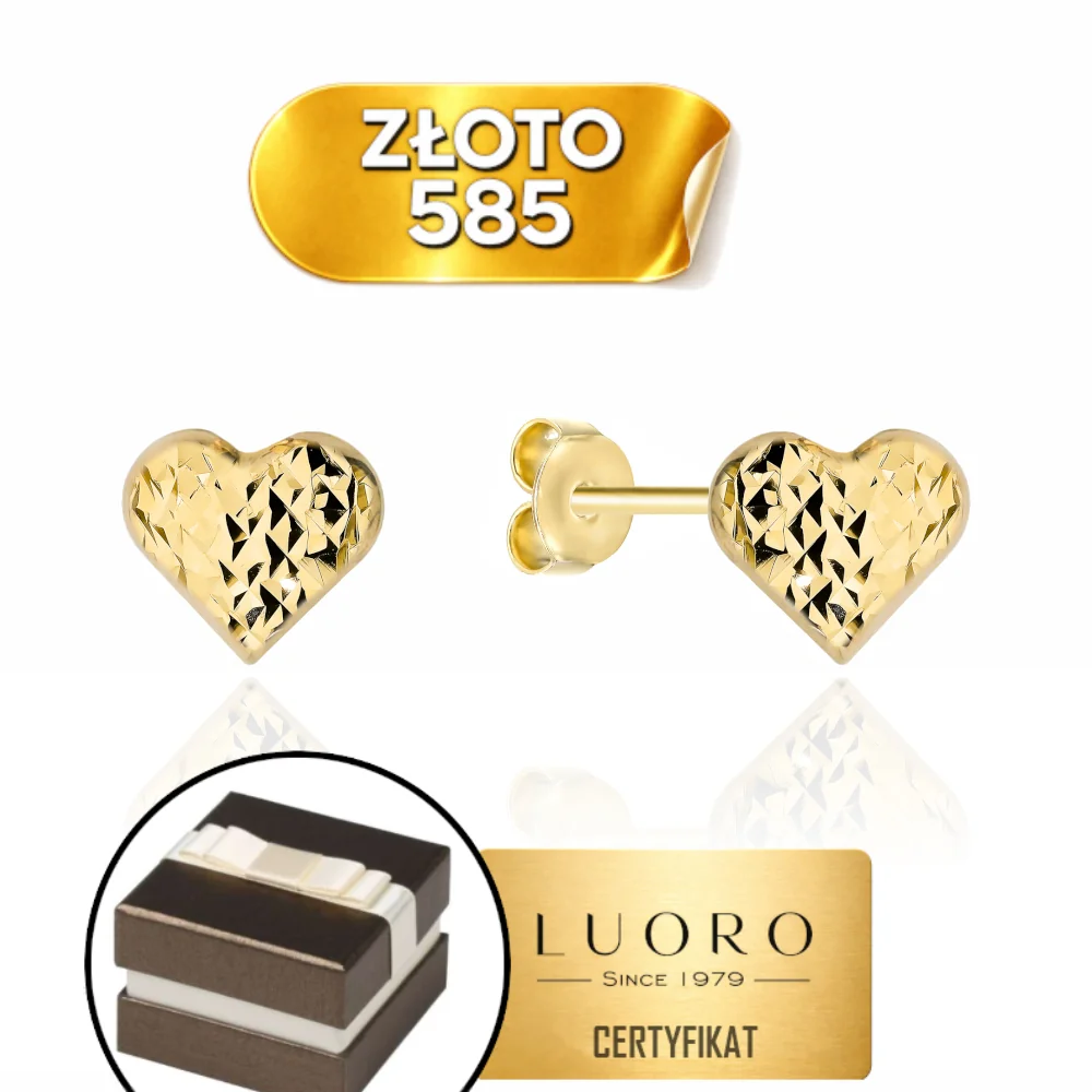 KOLCZYKI ZŁOTE 585 14K DIAMENTOWANE SERCA 6 MM SZTYFT SUPER LEKKIE
