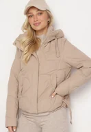 Kurtki damskie - Ciemnobeżowa Pikowana Kurtka o Pudełkowym Kroju z Kapturem i Ściągaczami Selizola - miniaturka - grafika 1