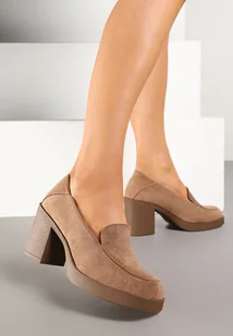 Ciemnobeżowe Eleganckie Półbuty Mokasyny na Słupku ze Skórzaną Wkładką Alandria - Półbuty damskie - miniaturka - grafika 1