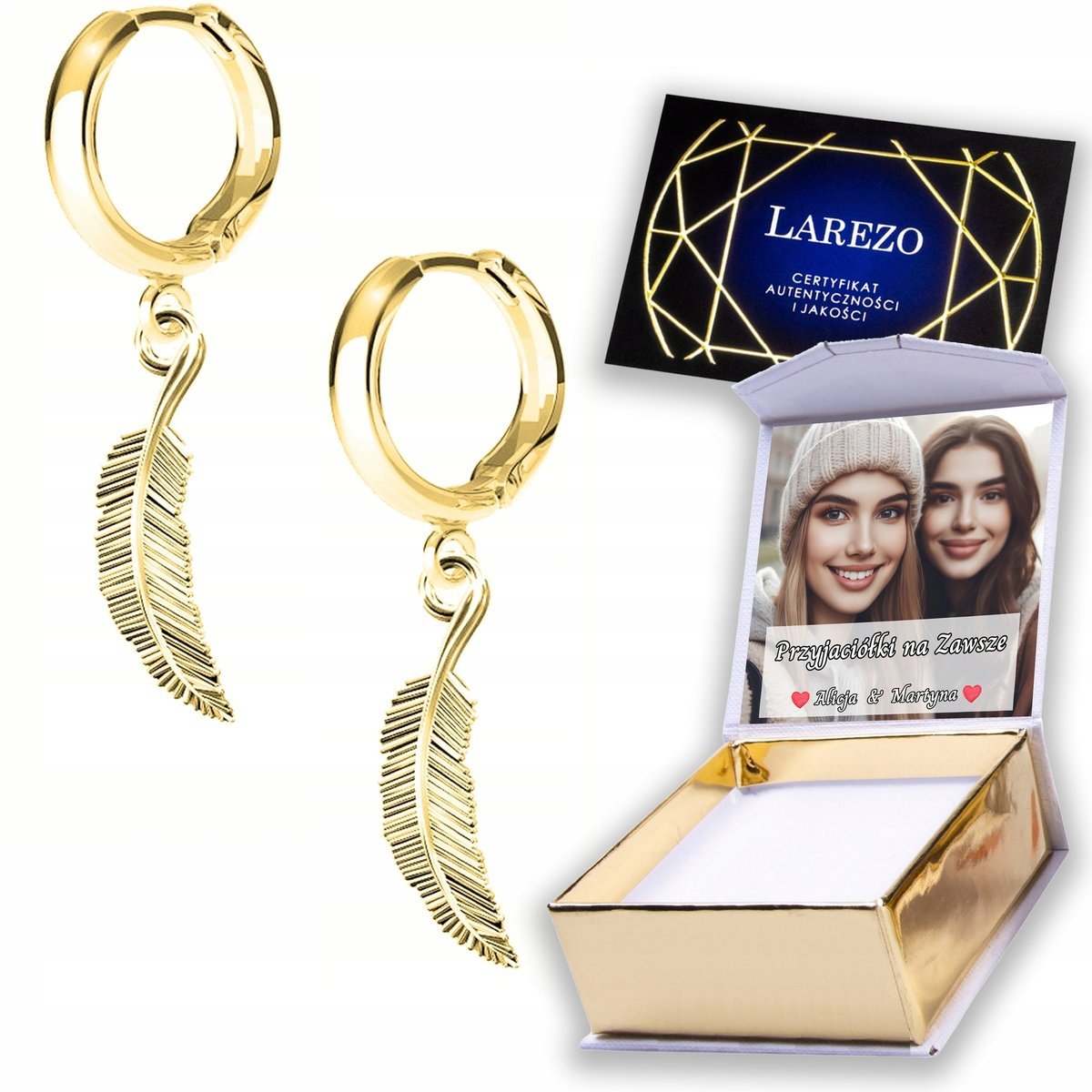 Złote Kolczyki 925 Ozdobne Pióra Piórka z Piórkami Piórem Liść NADRUK