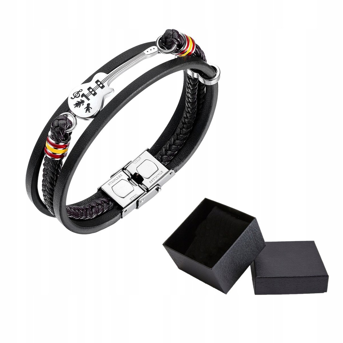 Bransoletka Męska Czarna Skórzana Zapleciona Gitara Stal Chirurgiczna