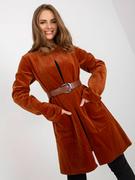 Płaszcze damskie - Narzutka płaszcz jasny brązowy elegancki rękaw długi długość przed kolano pasek kieszenie - miniaturka - grafika 1