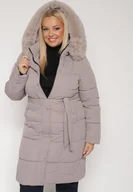 Płaszcze damskie - Szara Pikowana Kurtka z Kapturem z Futrem i Wiązanym Paskiem Mevinatia - miniaturka - grafika 1