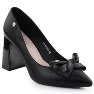 Czółenka - Czółenka damskie na ozdobnym słupku z kokardą czarne Vinceza 62104 - miniaturka - grafika 1