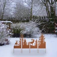 Ozdoby bożonarodzeniowe - Zestaw wtyczek ogrodowych Kobolo - FOREST - wykonany z metalu w kolorze rdzy - 4 sztuki - jelenie i drzewa - zimowa dekoracja świąteczna wejścia do łóżka - miniaturka - grafika 1