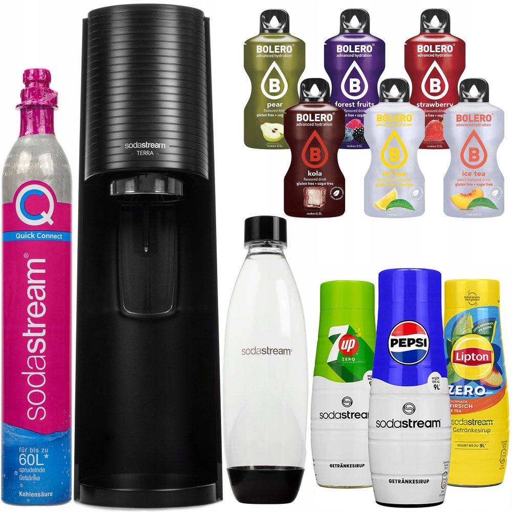 Saturator do wody SODASTREAM Terra - czarny syrop Pepsi Lipton 7UP saszetki Bolero butelka QuickConnect gazowana woda domowy napój zestaw