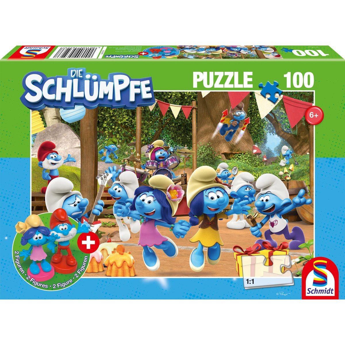 Schmidt Spiele 56523 Smerfy, impreza z motywem smerfów, 100 elementów, puzzle dla dzieci, łącznie z 2 figurkami