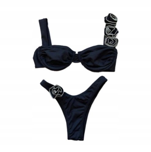 Strój Kąpielowy Bikini Dwuczęściowy Z Ozdobnymi Kwiatami Różyczki L Czarny