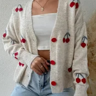 Swetry damskie - TEMU Damski przytulny kardigan z dekoltem w kształcie litery V z kontrastowym wykończeniem - długi rękaw, zapinany na guzki przód, lekki na - miniaturka - grafika 1