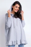 Bluzki damskie - Szara Oversizowa Bluza z Kapturem Wykończona Falbanką - miniaturka - grafika 1