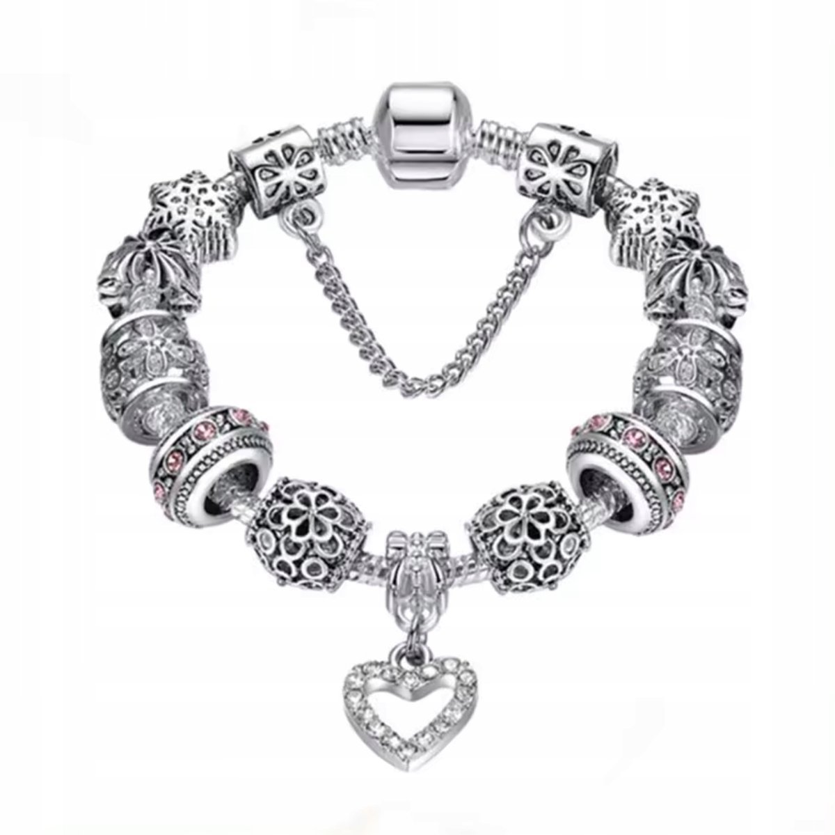 Srebrna Bransoletka Charms Beads Turmalin Cyrkonie Serce Płatek Śniegu