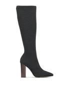 Kozaki damskie - Kozaki z elastycznej tkaniny na brązowym obcasie - miniaturka - grafika 1