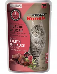 SUPER BENEK Bezzbożowe fileciki gotowane na parze bogate w wołowinę, z pomidorami i ziołami, w sosie 85g - Mokra karma dla kotów - miniaturka - grafika 1