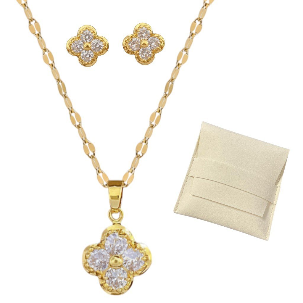 Złoty komplet biżuterii damskiej – naszyjnik i kolczyki kwiat z cyrkoniami