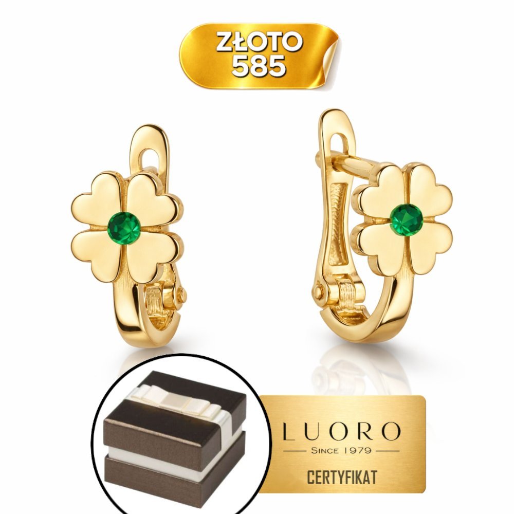 KOLCZYKI ZŁOTE 585 14K CZTEROLISTNA KONICZYNA ZIELONA CYRKONIA 10 MM