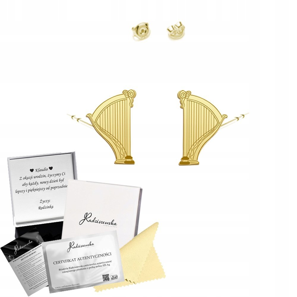 Złote Kolczyki HARFA Muzyka SREBRO 925 Prezent Kobieta DEDYKACJA GRATIS