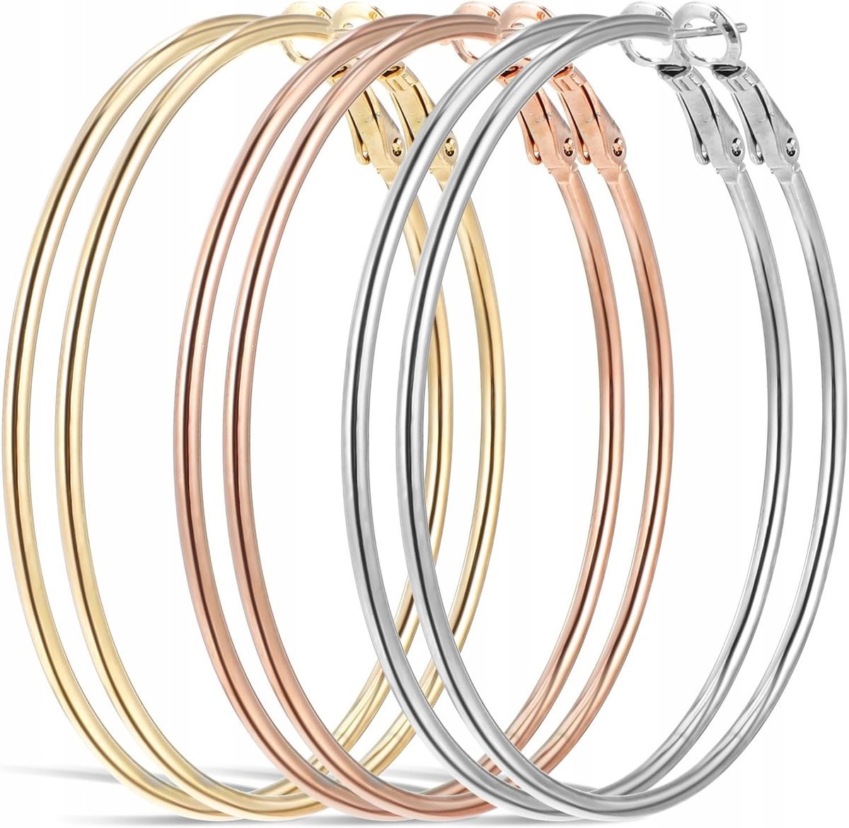 ZESTAW 3 PAR OKRĄGŁYCH KOLCZYKÓW ZE STALI NIERDZEWNEJ ZŁOTY SREBRNY RÓŻOWY