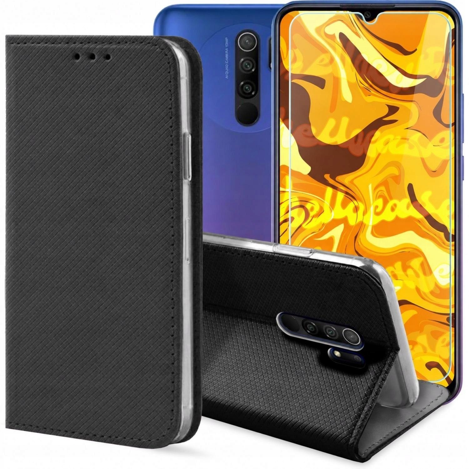 krainaGSM Etui z Klapką Do Xiaomi Redmi 9 Czarne, Zamykane, Magnetyczne Szkło BNDL0511