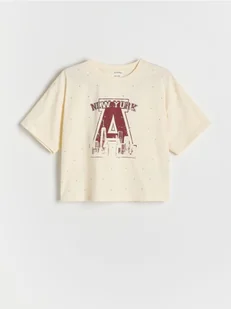 Reserved - T-shirt z kryształkami i nadrukiem - kremowy - Koszulki dla dziewczynek - miniaturka - grafika 1