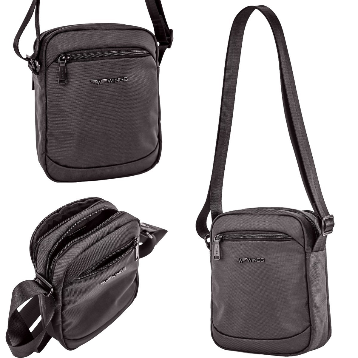 Saszetka męska WINGS na ramię crossbody czarna, lekka, 3 kieszenie, organizacja wnętrza, 4L