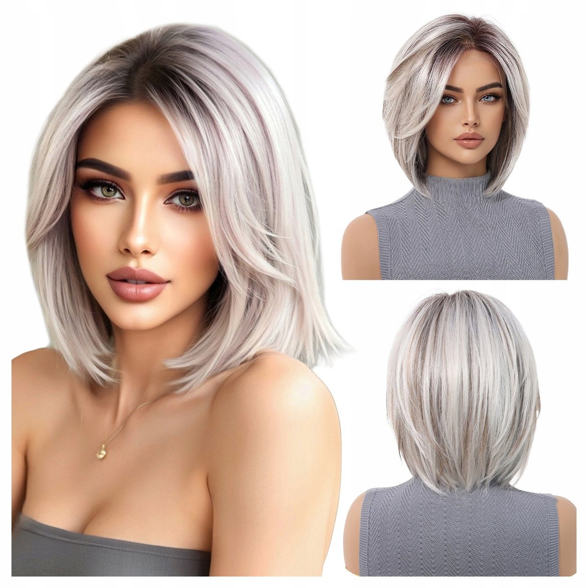 Peruka do ramion lace front platynowa prosta