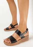 Sandały damskie - Czarne Sandały na Niskim Koturnie ze Sprzączką Minsse - miniaturka - grafika 1