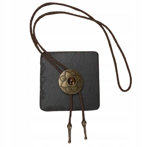 BOLO KRAWAT Kowbojski TEXAS rzemyk TARCZA KWIAT złoto TYGRYSIE OKO KAMIEŃ