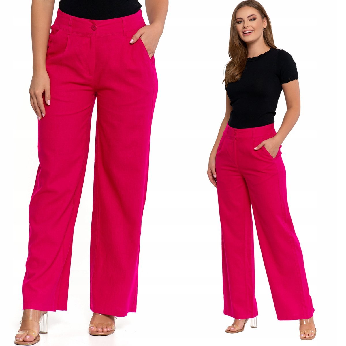 SPODNIE LNIANE DAMSKIE SZEROKIE Z WYSOKIM STANEM ELEGANCKIE MORAJ XL RED