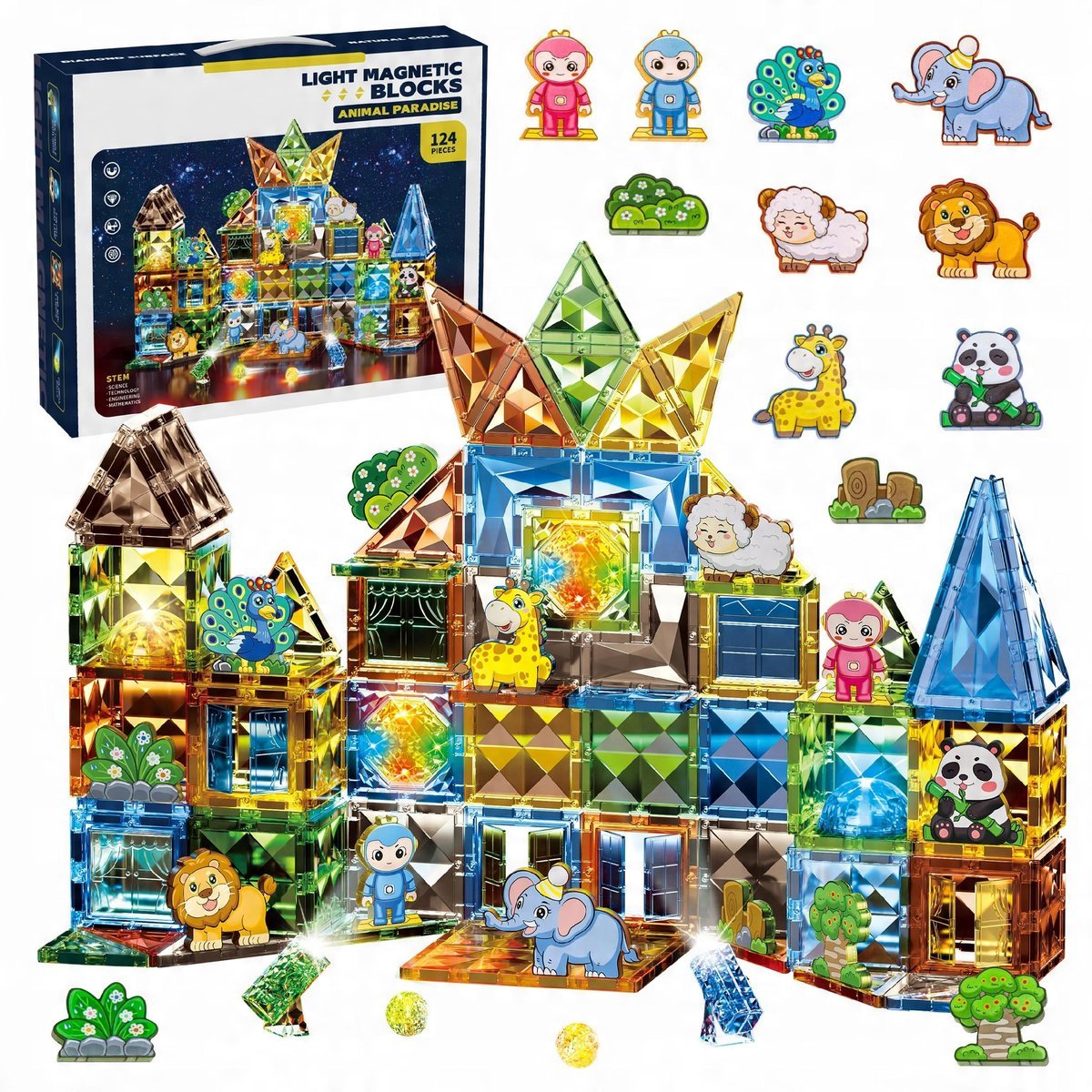 Klocki Magnetyczne Świecące Zoo Dla Dzieci Animal Paradise Zestaw 124 El
