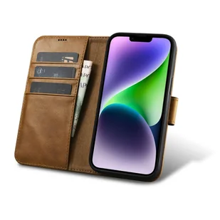 iCarer Oil Wax Wallet Case 2in1 etui iPhone 14 Plus skórzany pokrowiec z klapką Anti-RFID brązowy (WMI14220723-TN) - Etui i futerały do telefonów - miniaturka - grafika 2