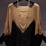 Swetry damskie - TEMU Sweter Damski - Rękawy Batwing, Luźny Krój w Kolorze Beż/Czarny, Półprześwitujący Sweter na Wiosnę/Jesień/, Codzienny i Formalny Styl, Letni - miniaturka - grafika 1