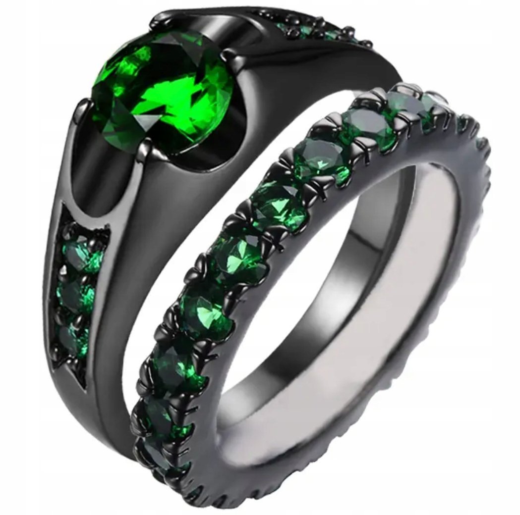 Pierścionek ze Szmaragdami Brylant Czarny Podwójny Stal Chirurgiczna