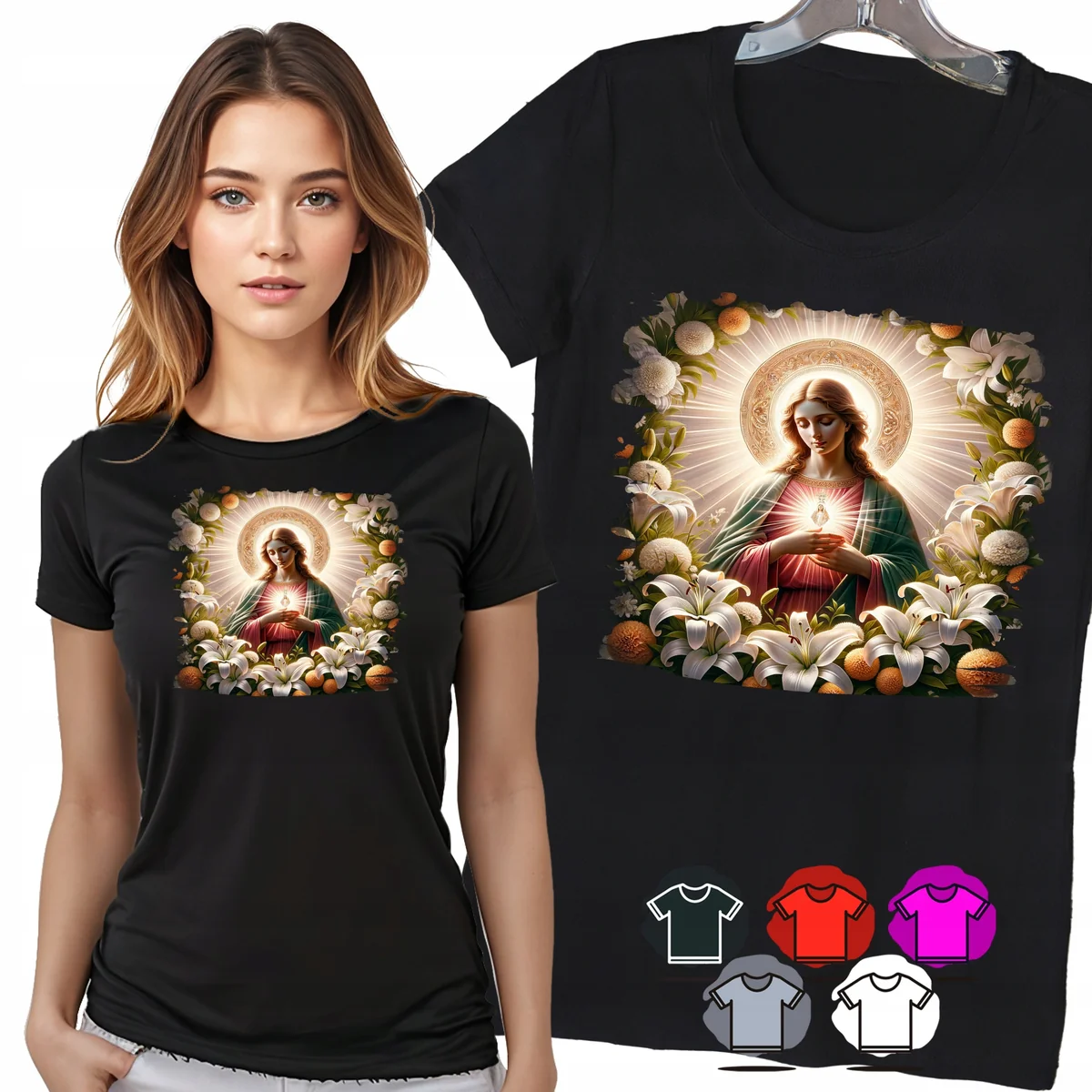 KOSZULKA DAMSKA T-SHIRT - MARYJA SERCE KWIATY WIARA DELIKATNY WZÓR - XL