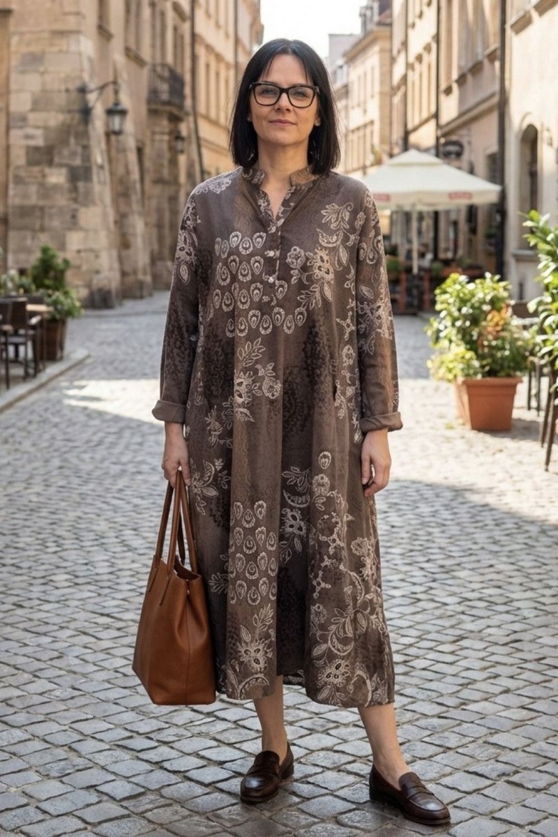 Sukienka damska brązowa boho oversize wzory mandala luźna sztruksowa Italy