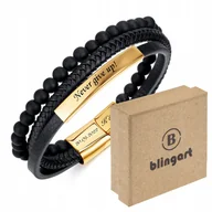 Bransolety męskie - Bransoletka z GRAWEREM SKÓRZANA męska POZŁACANA blaszka koraliki potrójna - miniaturka - grafika 1