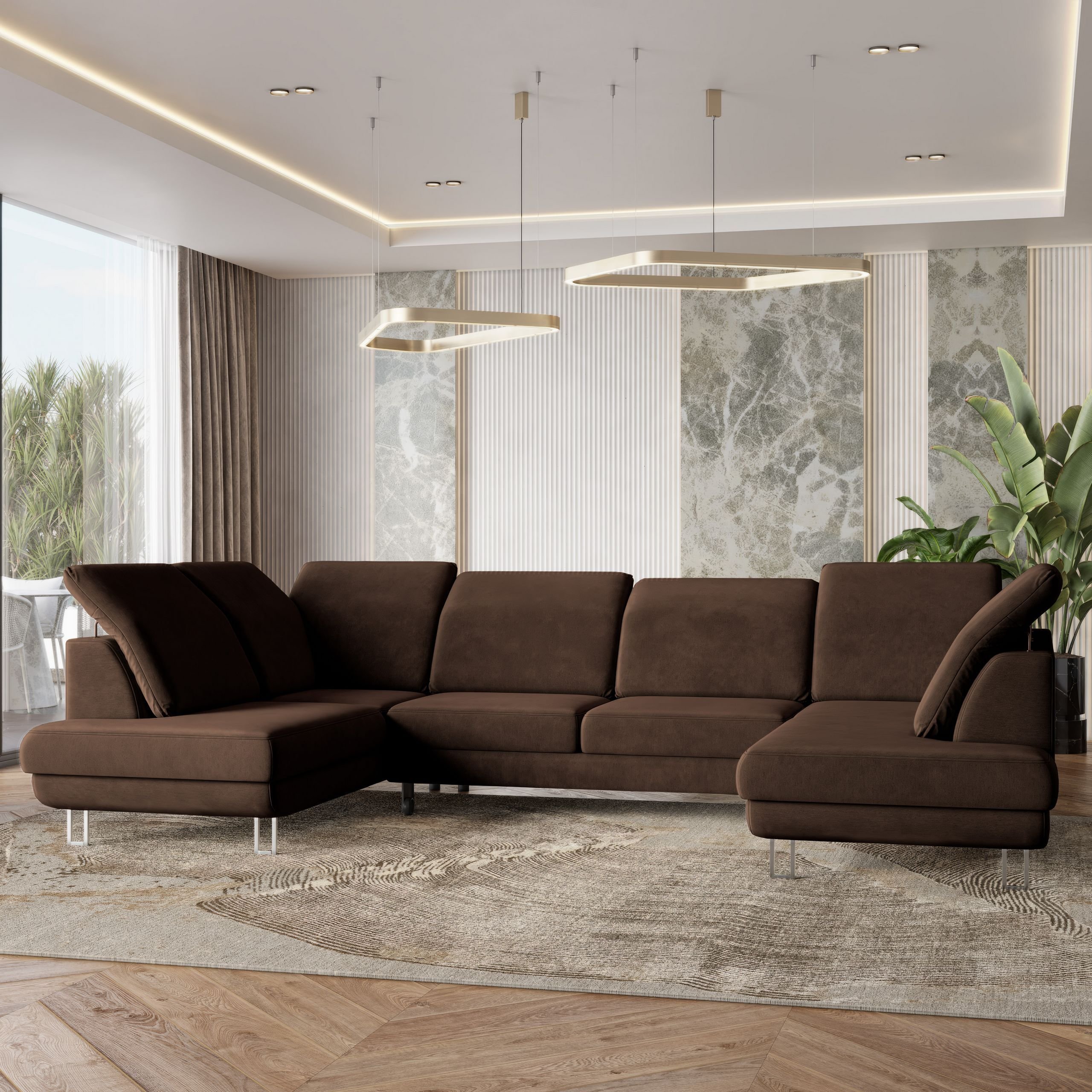 Masseno Narożnik TERAMO z funkcją spania i pojemnikiem na pościel Kształt U, Rozkładana sofa, Rogówka - Brązowy, MONOLITH 29