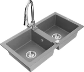 Zlewozmywaki z baterią - Mexen Mario zlewozmywak granitowy 2-komorowy z baterią kuchenną Elia, szary - 6504-71-670101-00 - miniaturka - grafika 1