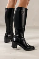 Kozaki damskie - Czarne kozaki damskie przed kolano na szerokim słupku z ozdobą elastyczna guma w cholewce stalowa ozdoba Casu CB342-8 - miniaturka - grafika 1