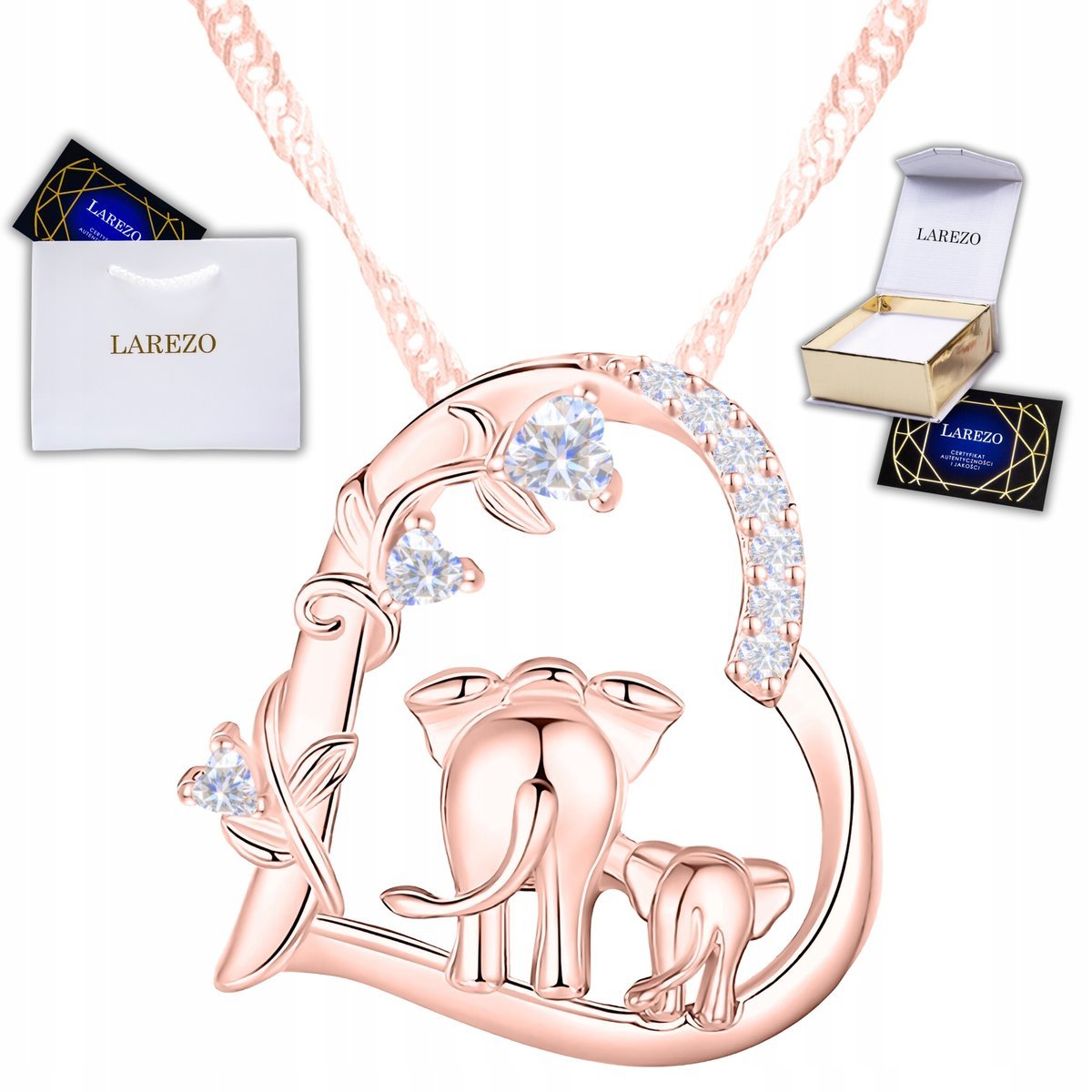 Różowy Naszyjnik Serce Słonik z Cyrkoniami Serduszko Słoń Kwiat SREBRO 925