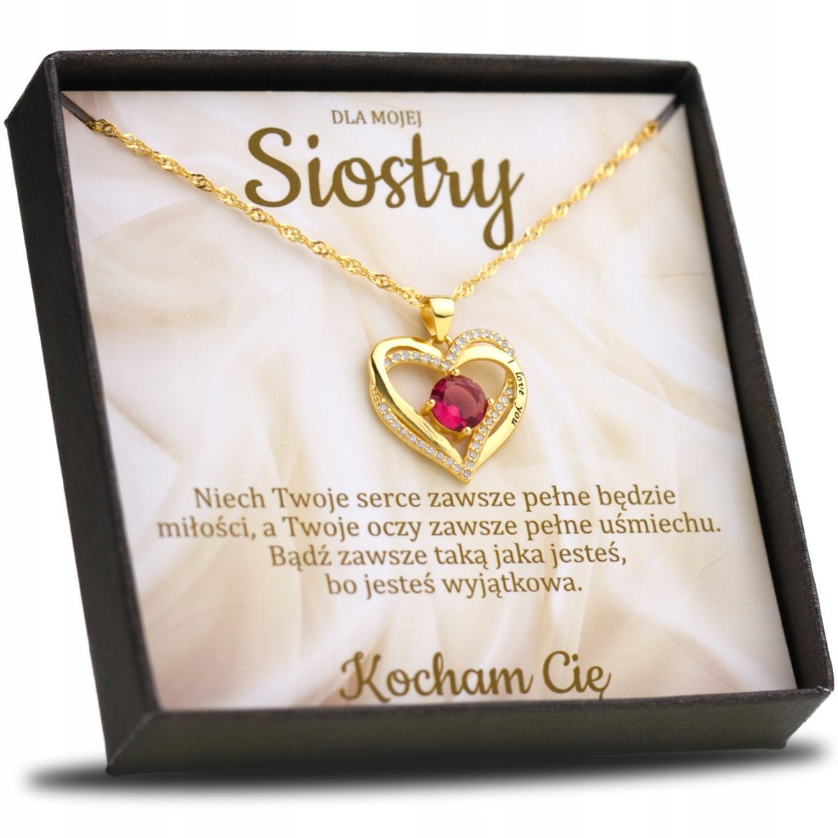 Naszyjnik Srebrny Pozłacany Serce z Dedykacją dla Siostry napis I Love You