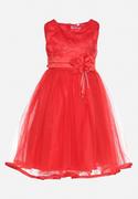Sukienki i spódniczki dla dziewczynek - Czerwona Elegancka Sukienka o Rozkloszowanym Fasonie z Koronką i Kwiatową Przypinką Casadira - miniaturka - grafika 1