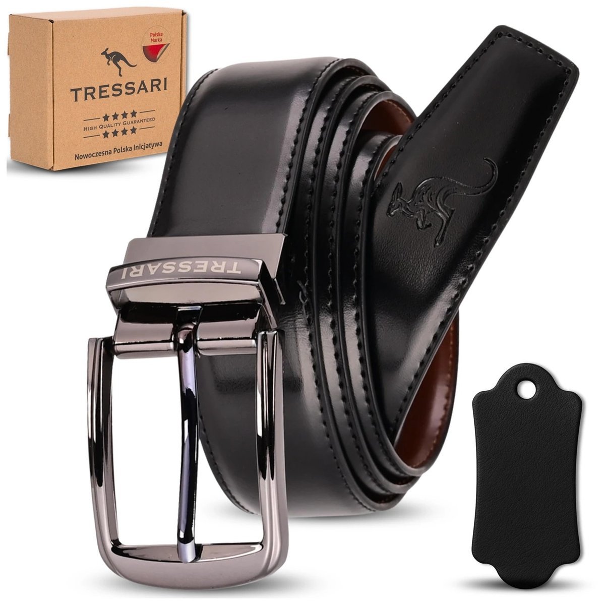 Skórzany Pasek dwustronny TRESSARI 120cm czarny brązowy do spodni
