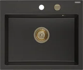 Zlewozmywaki - Mexen Oscar zlewozmywak granitowy 1-komorowy 580 x 490 mm, czarny/złoty metalik, syfon złoty - 6519581000-75-G - miniaturka - grafika 1