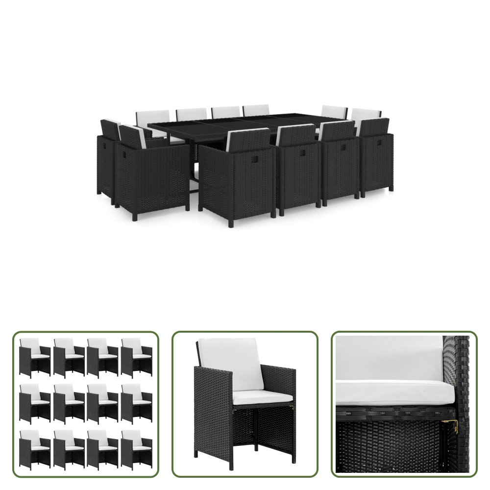 The Living Store 13-częściowy ogrodowy zestaw jadalniany z poduszkami z czarnego polirattanu