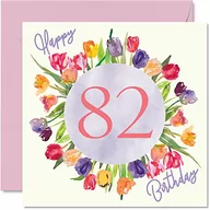 Kartki okolicznościowe i zaproszenia - Piękne kartki na 82 urodziny dla kobiet – bukiet kwiatów tulipanów – kartka urodzinowa dla niej babci prezenty urodzinowe, 145 mm x 145 mm piękne kwiatowe kartki okolicznościowe prezent - miniaturka - grafika 1